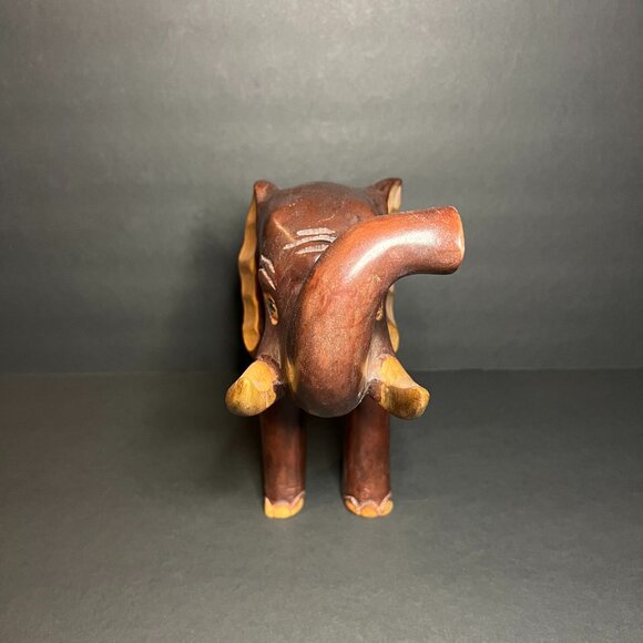 Vintage Large Hand Carved Solid Wood Lucky Elephant w/ Raised Trunk Figure 8.5" - Picture 3 of 7